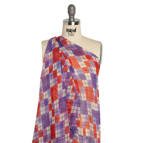 Purple, Red and Cream Argyle Crinkled Silk Chiffon