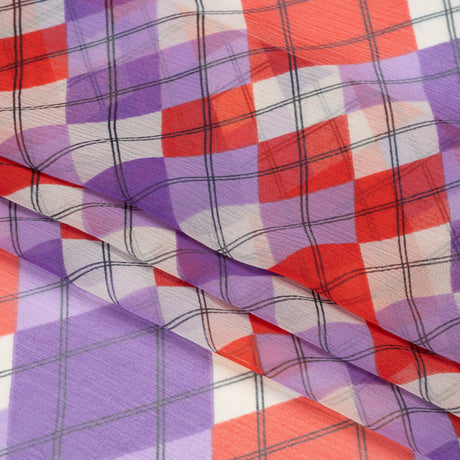 Purple, Red and Cream Argyle Crinkled Silk Chiffon