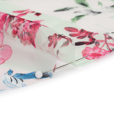 Green, Blue and Pink Floral Wavy Stripes Silk Chiffon