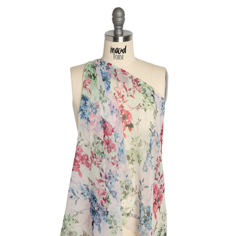Green, Blue and Pink Floral Wavy Stripes Silk Chiffon
