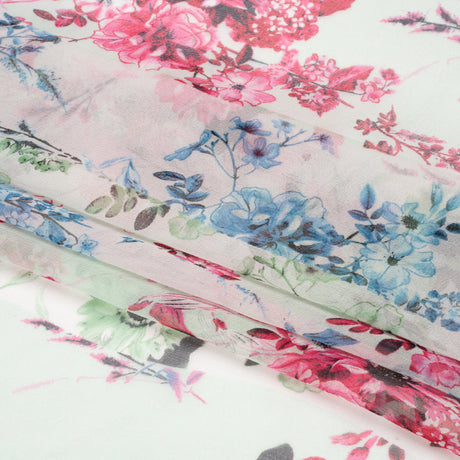 Green, Blue and Pink Floral Wavy Stripes Silk Chiffon