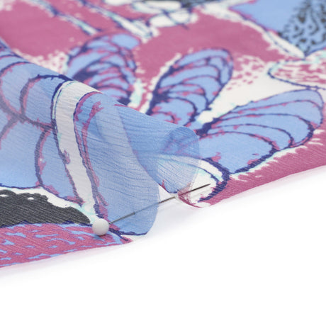 Periwinkle, Magenta and Black Flowers and Blocks Crinkled Silk Chiffon