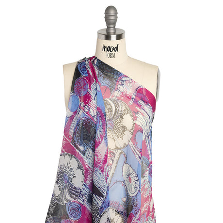 Periwinkle, Magenta and Black Flowers and Blocks Crinkled Silk Chiffon
