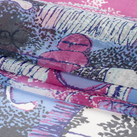Periwinkle, Magenta and Black Flowers and Blocks Crinkled Silk Chiffon