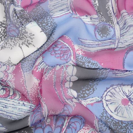 Periwinkle, Magenta and Black Flowers and Blocks Crinkled Silk Chiffon