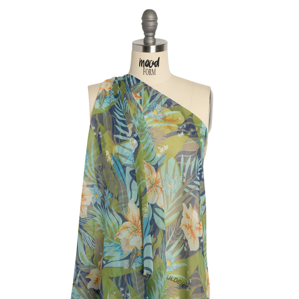 Blue, Green and Orange Tropical Flora Silk Chiffon