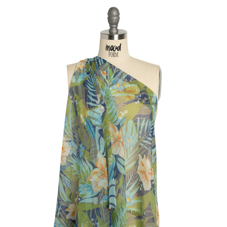 Blue, Green and Orange Tropical Flora Silk Chiffon
