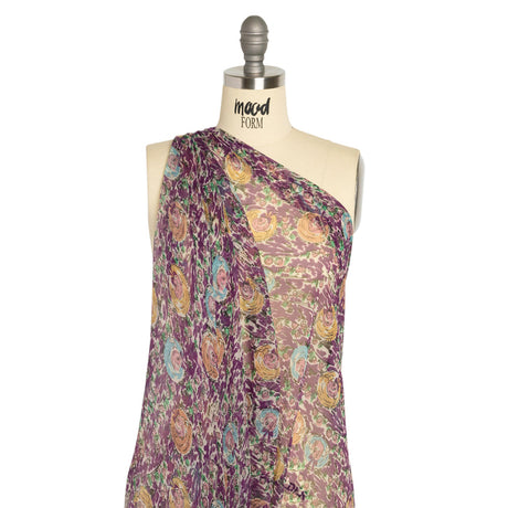 Plum, Beige and Sky Blue Garden Frolick Crinkled Silk Chiffon