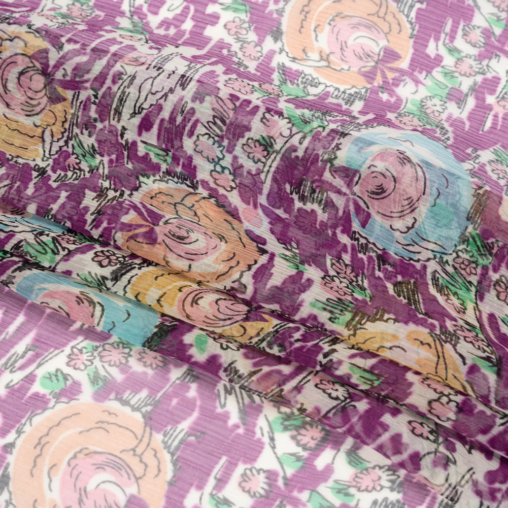Plum, Beige and Sky Blue Garden Frolick Crinkled Silk Chiffon