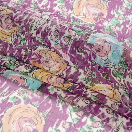 Plum, Beige and Sky Blue Garden Frolick Crinkled Silk Chiffon