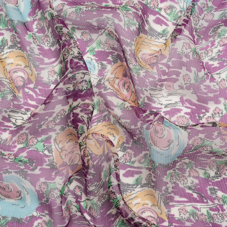 Plum, Beige and Sky Blue Garden Frolick Crinkled Silk Chiffon