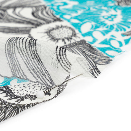 Turquoise, Black and White Tropical Floral Crinkled Silk Chiffon