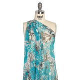 Turquoise, Black and White Tropical Floral Crinkled Silk Chiffon