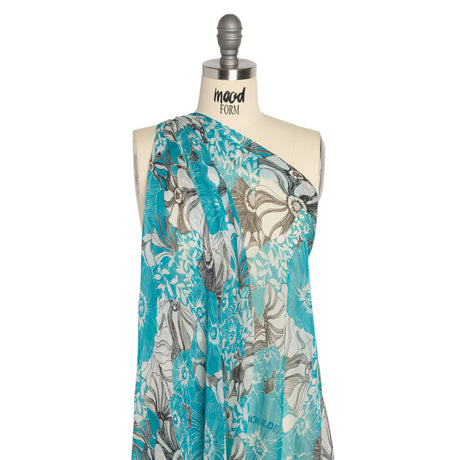 Turquoise, Black and White Tropical Floral Crinkled Silk Chiffon