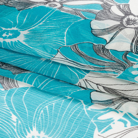 Turquoise, Black and White Tropical Floral Crinkled Silk Chiffon