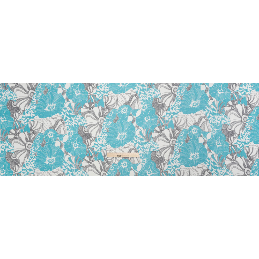 Turquoise, Black and White Tropical Floral Crinkled Silk Chiffon