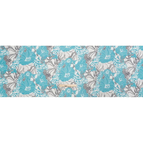 Turquoise, Black and White Tropical Floral Crinkled Silk Chiffon