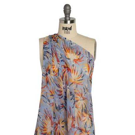 Blue, Red and Mustard Dreamy Daisies Crinkled Silk Chiffon