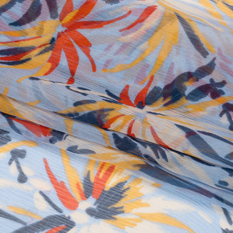 Blue, Red and Mustard Dreamy Daisies Crinkled Silk Chiffon