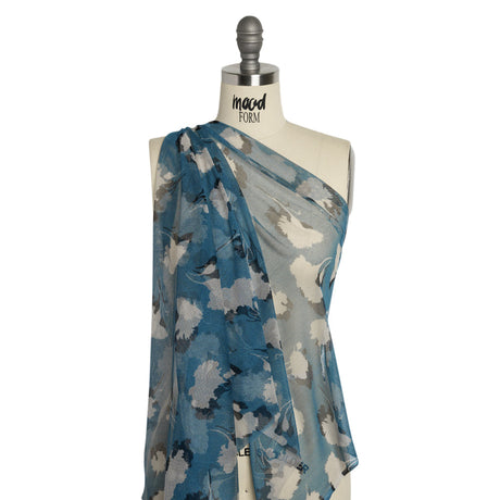 Floral Shadows Silk Tulle - Blue, White and Black