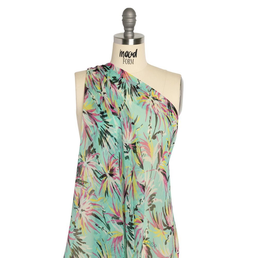 Mint, Pink and Yellow Dreamy Daisies Crinkled Silk Chiffon
