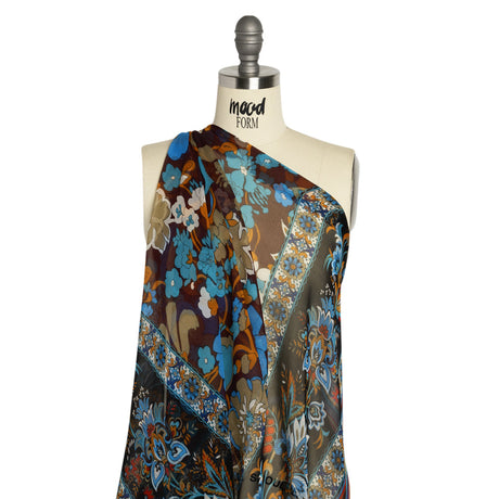 Blue, Orange and Aubergine Floral Stripes Silk Chiffon