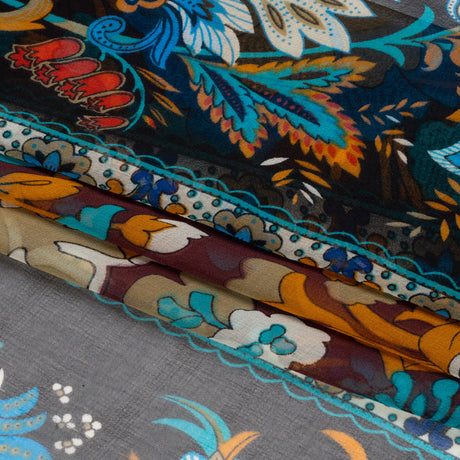 Blue, Orange and Aubergine Floral Stripes Silk Chiffon