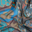 Blue, Orange and Aubergine Floral Stripes Silk Chiffon
