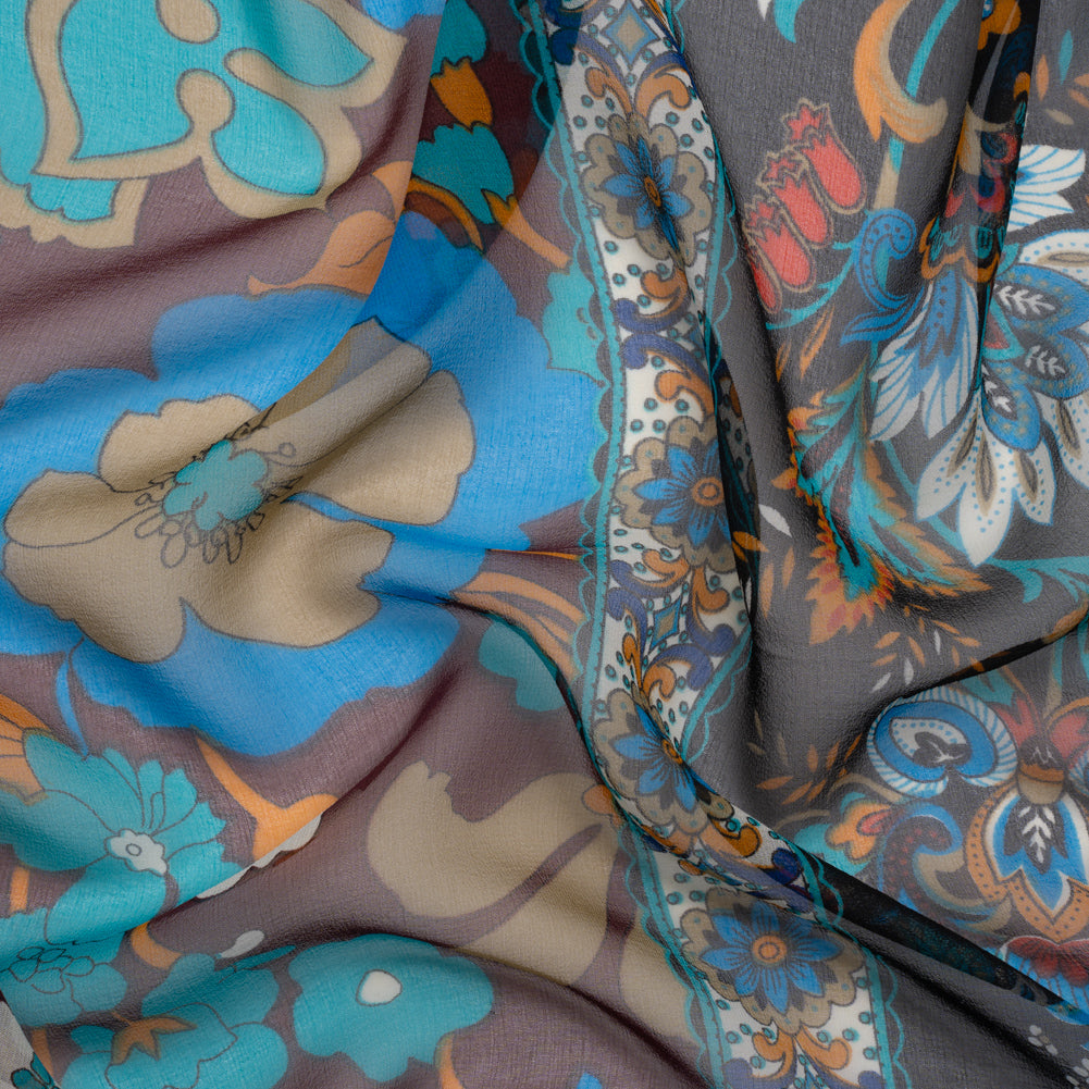Blue, Orange and Aubergine Floral Stripes Silk Chiffon
