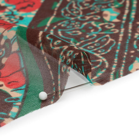Chocolate, Berry and Turquoise Floral and Geometric Diagonal Stripes Silk Chiffon
