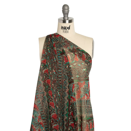 Chocolate, Berry and Turquoise Floral and Geometric Diagonal Stripes Silk Chiffon