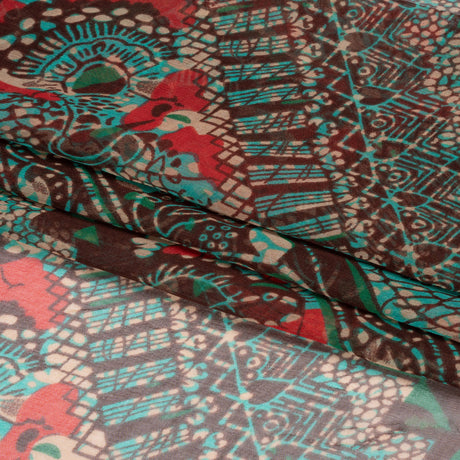 Chocolate, Berry and Turquoise Floral and Geometric Diagonal Stripes Silk Chiffon