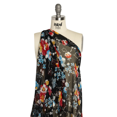 Black, Red and Blue Floral Silk Chiffon