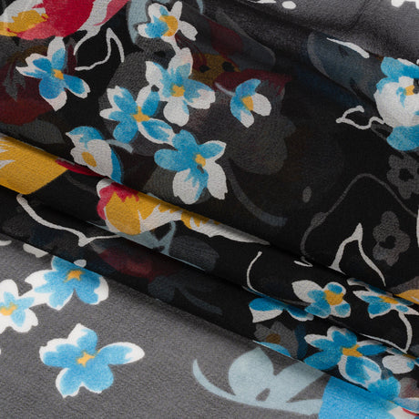 Black, Red and Blue Floral Silk Chiffon