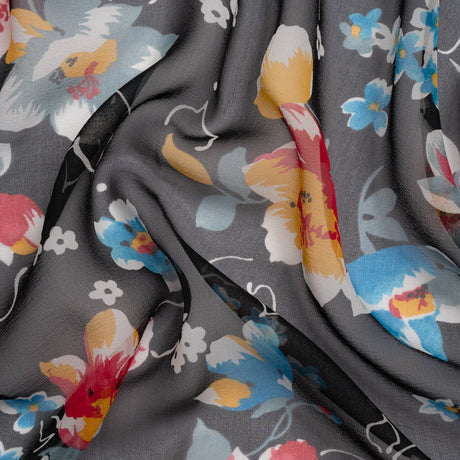 Black, Red and Blue Floral Silk Chiffon