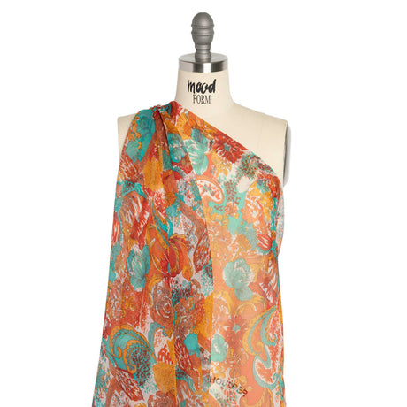 Turquoise, Peach and Orange Ornamental Gardens Crinkled Silk Chiffon