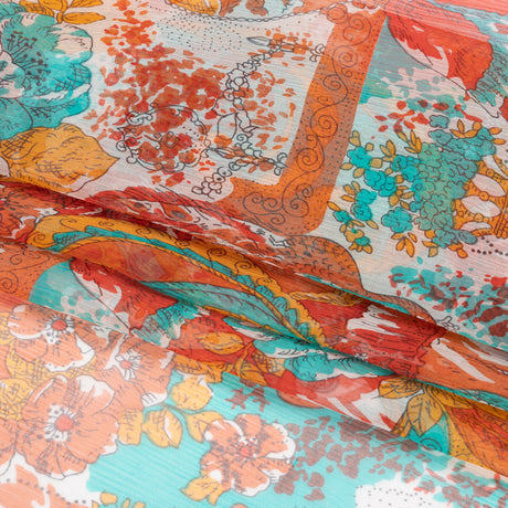 Turquoise, Peach and Orange Ornamental Gardens Crinkled Silk Chiffon