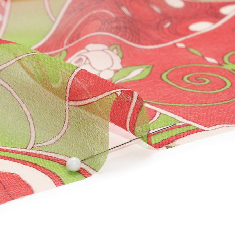 Red and Lime Geometry and Roses Silk Chiffon