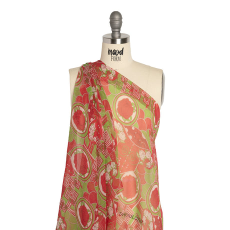 Red and Lime Geometry and Roses Silk Chiffon