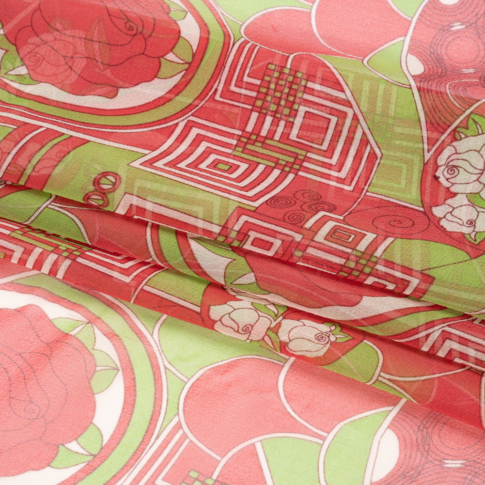 Red and Lime Geometry and Roses Silk Chiffon