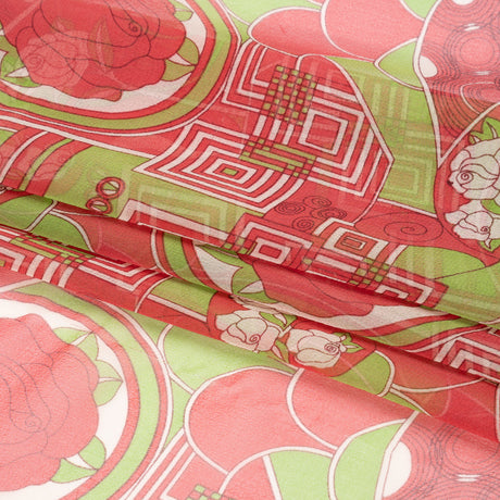 Red and Lime Geometry and Roses Silk Chiffon