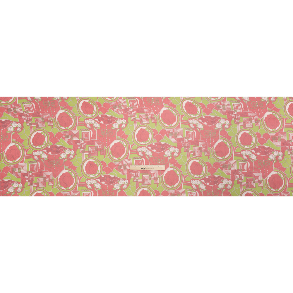 Red and Lime Geometry and Roses Silk Chiffon