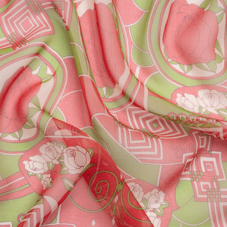 Red and Lime Geometry and Roses Silk Chiffon