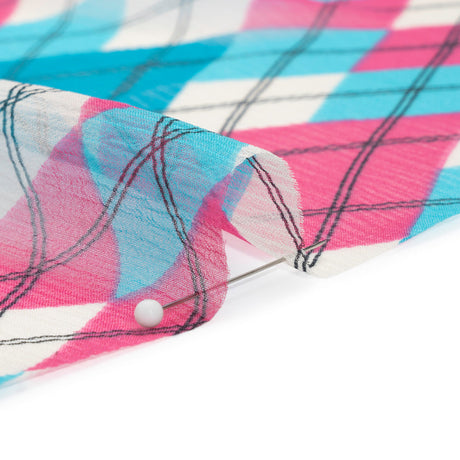 Turquoise, Pink and Cream Argyle Crinkled Silk Chiffon