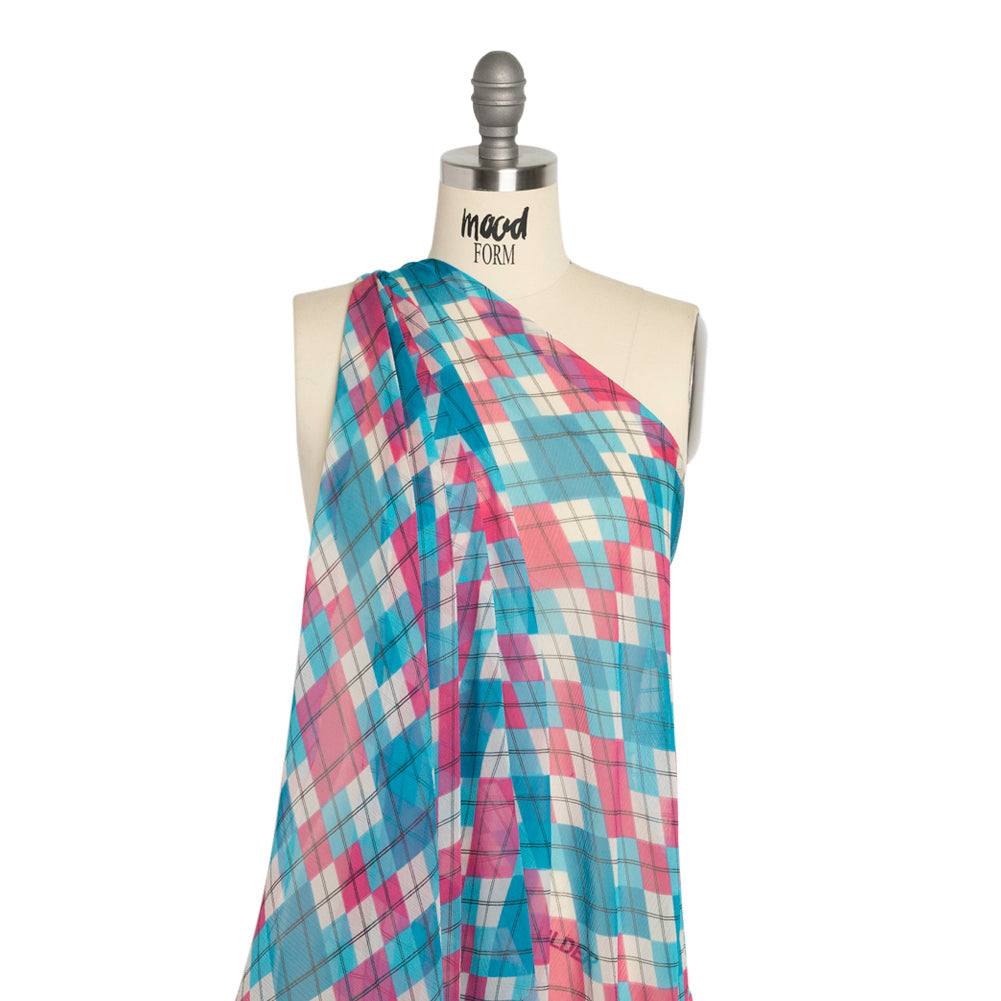 Turquoise, Pink and Cream Argyle Crinkled Silk Chiffon