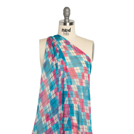Turquoise, Pink and Cream Argyle Crinkled Silk Chiffon