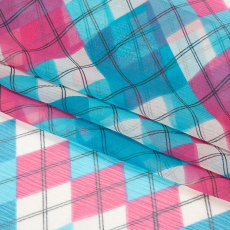 Turquoise, Pink and Cream Argyle Crinkled Silk Chiffon