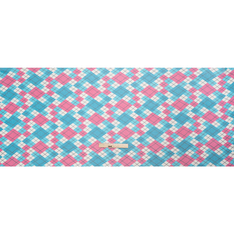 Turquoise, Pink and Cream Argyle Crinkled Silk Chiffon
