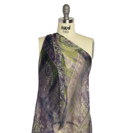 Eggplant, Olive and Plum Decorated Stripes Crinkled Silk Chiffon