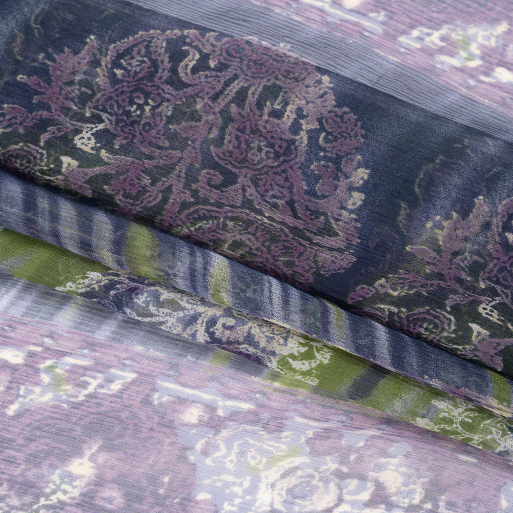 Eggplant, Olive and Plum Decorated Stripes Crinkled Silk Chiffon